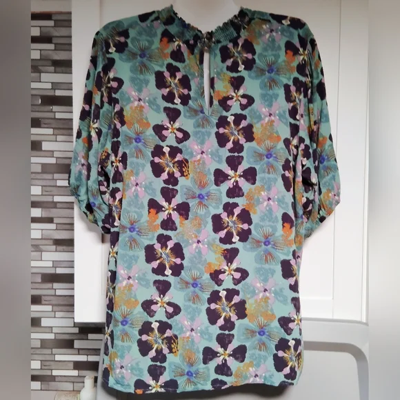 Knox Rose Green Floral short sleeve blouse Sz-L - Picture 4 of 6